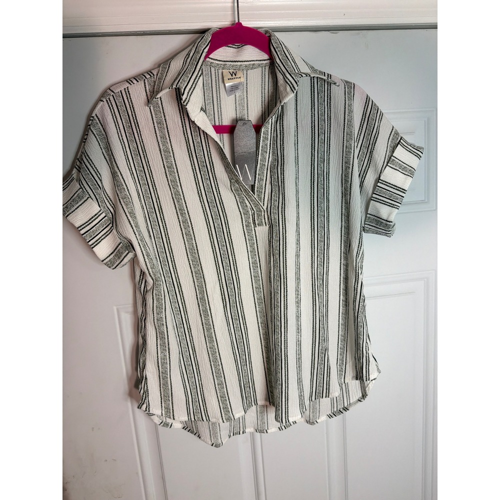 Wrapper Womens Short Sleeve Striped V-Neck Blouse White Green AMT1251-A55 S
